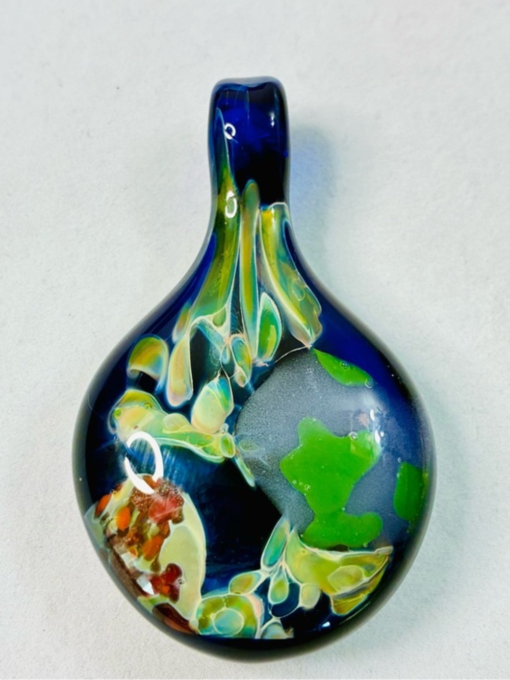 Handblown Glass Art Mother Earth Detailed Pendant in Deep Blue Green Accents EUC